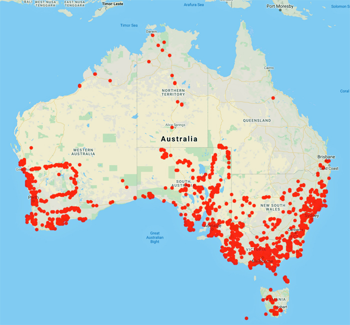 collecting locality Australia map for 'Filson, R.B.'